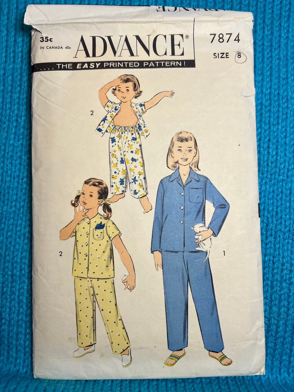 Advance 7874 pattern kids pajama top pants 1950s size 8